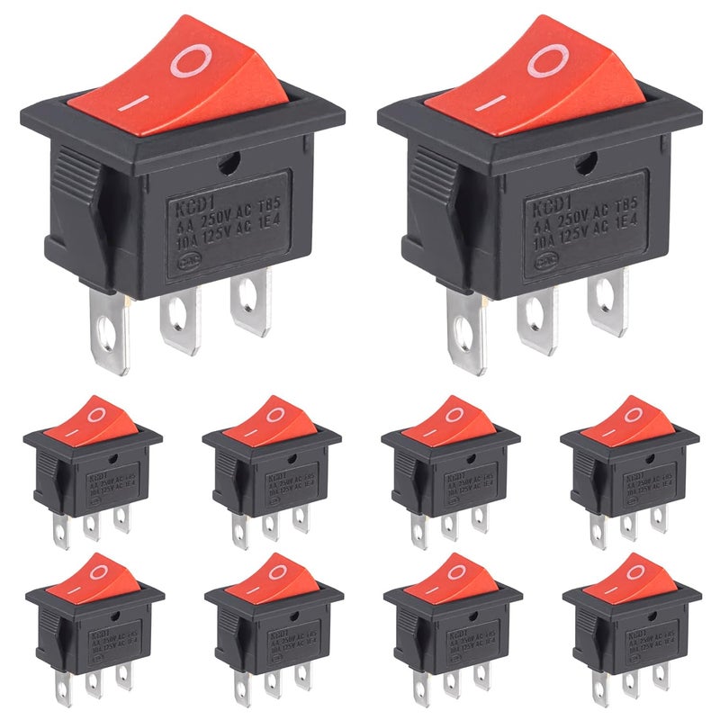 VEXUNGA 10pcs Mini Rocker Switch On Off 3 Pin Boat Rocker Switch 10A 125V 6A 250V AC KCD1 Red Snap-in SPST Toggle Switches Square for Car Marine Home Appliances - Image 1